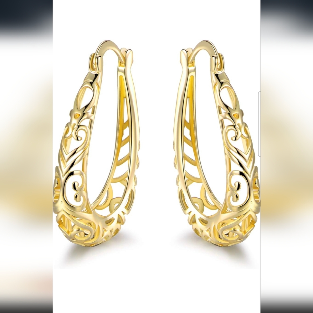 NWT Barzel 18K Gold Plated Filigree Hoop Earrings